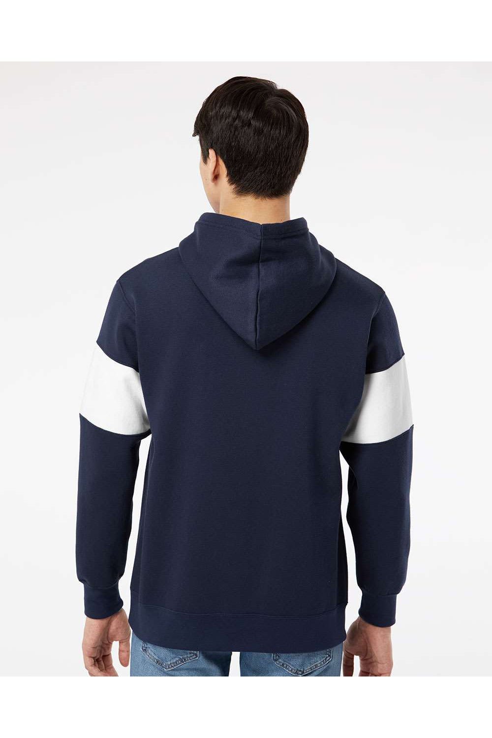 MV Sport 22709 Mens Classic Fleece Colorblocked Hooded Sweatshirt Hoodie Navy Blue Model Back