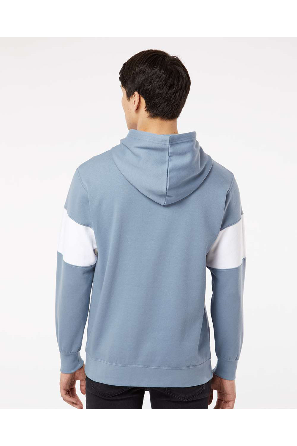MV Sport 22709 Mens Classic Fleece Colorblocked Hooded Sweatshirt Hoodie Stonewashed Blue Model Back