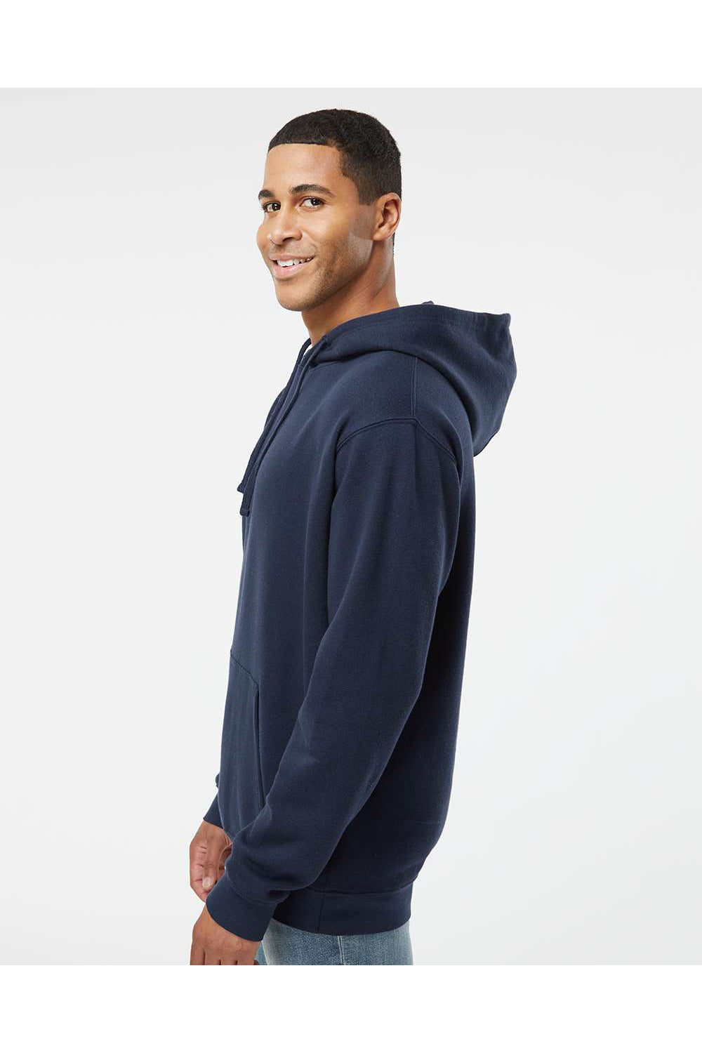 LAT 6926 Mens Elevated Fleece Basic Hooded Sweatshirt Hoodie Navy Blue Model Side