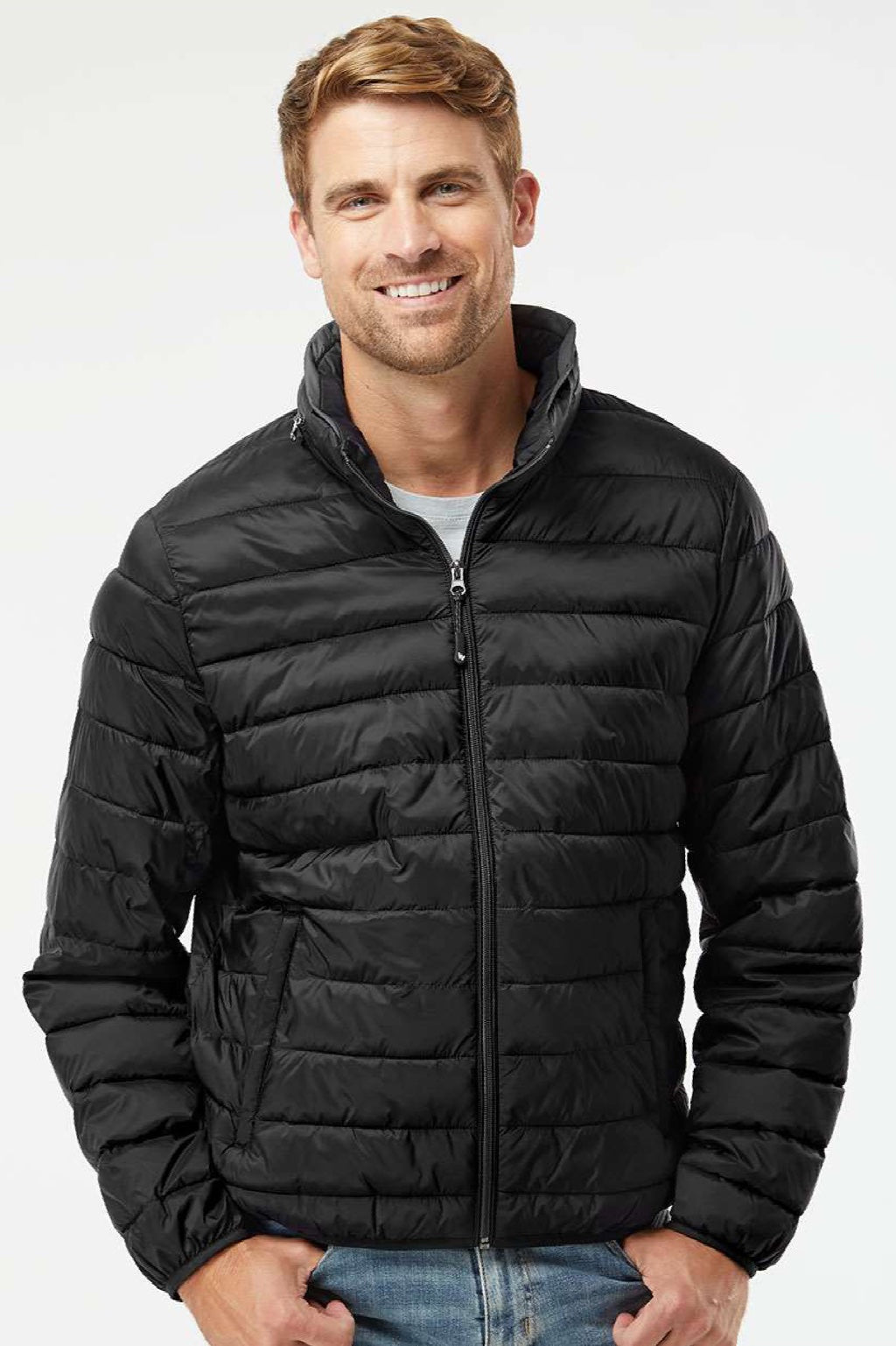 Weatherproof 211136 Mens PillowPac Wind & Water Resistant Full Zip Puffer Jacket Black Model Front