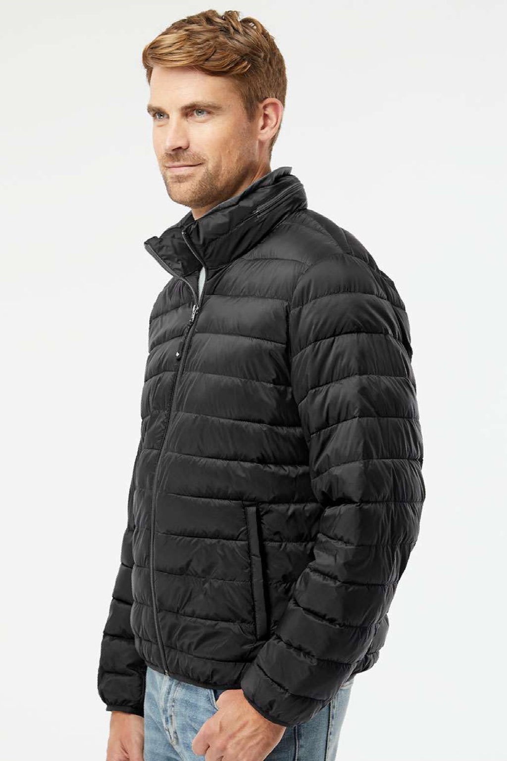 Weatherproof 211136 Mens PillowPac Wind & Water Resistant Full Zip Puffer Jacket Black Model Side