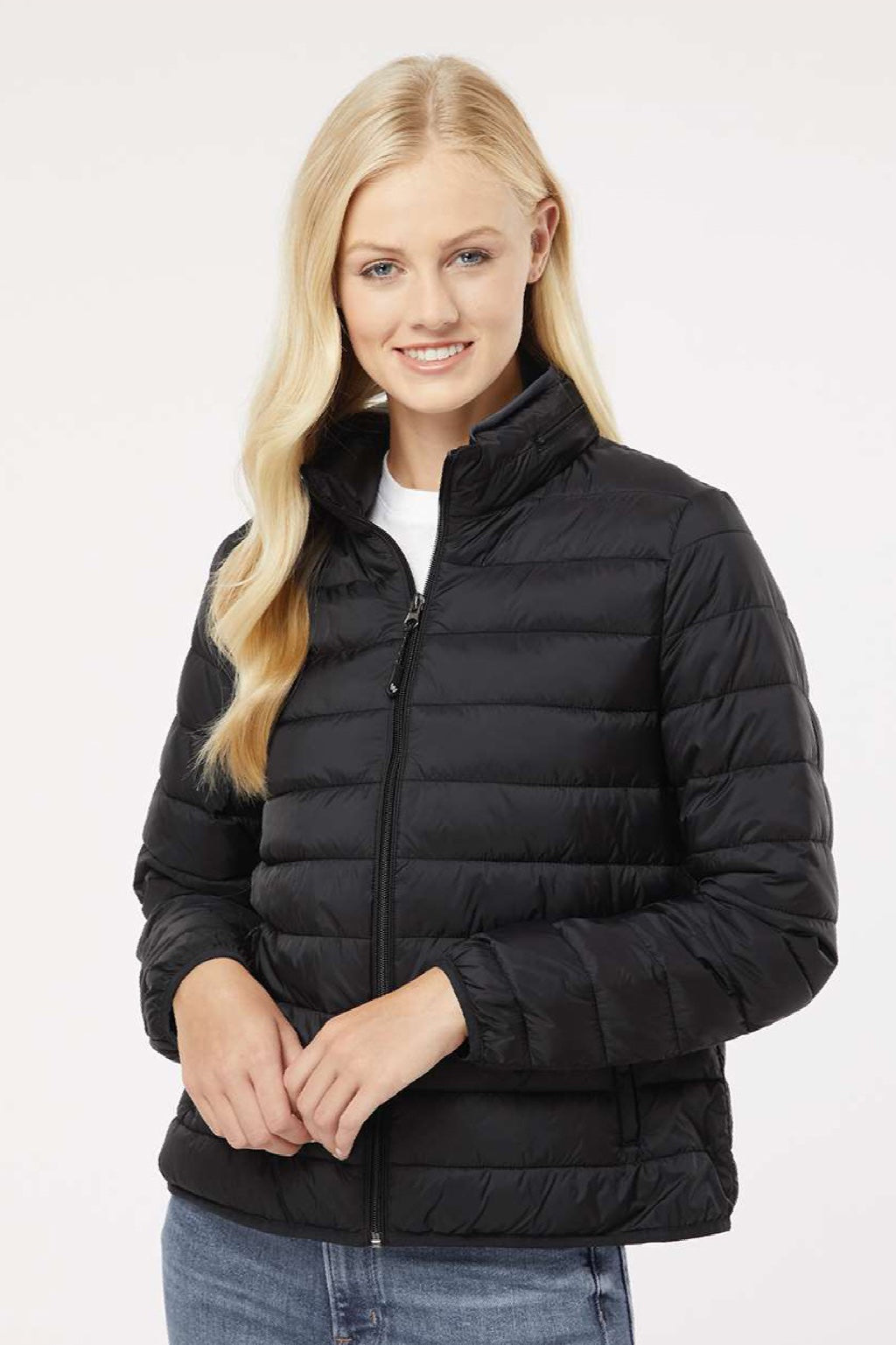 Weatherproof 211137 Womens PillowPac Wind & Water Resistant Full Zip Puffer Jacket Black Model Front