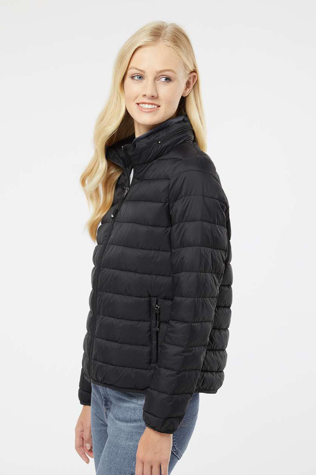 Weatherproof 211137 Womens PillowPac Wind & Water Resistant Full Zip Puffer Jacket Black Model Side