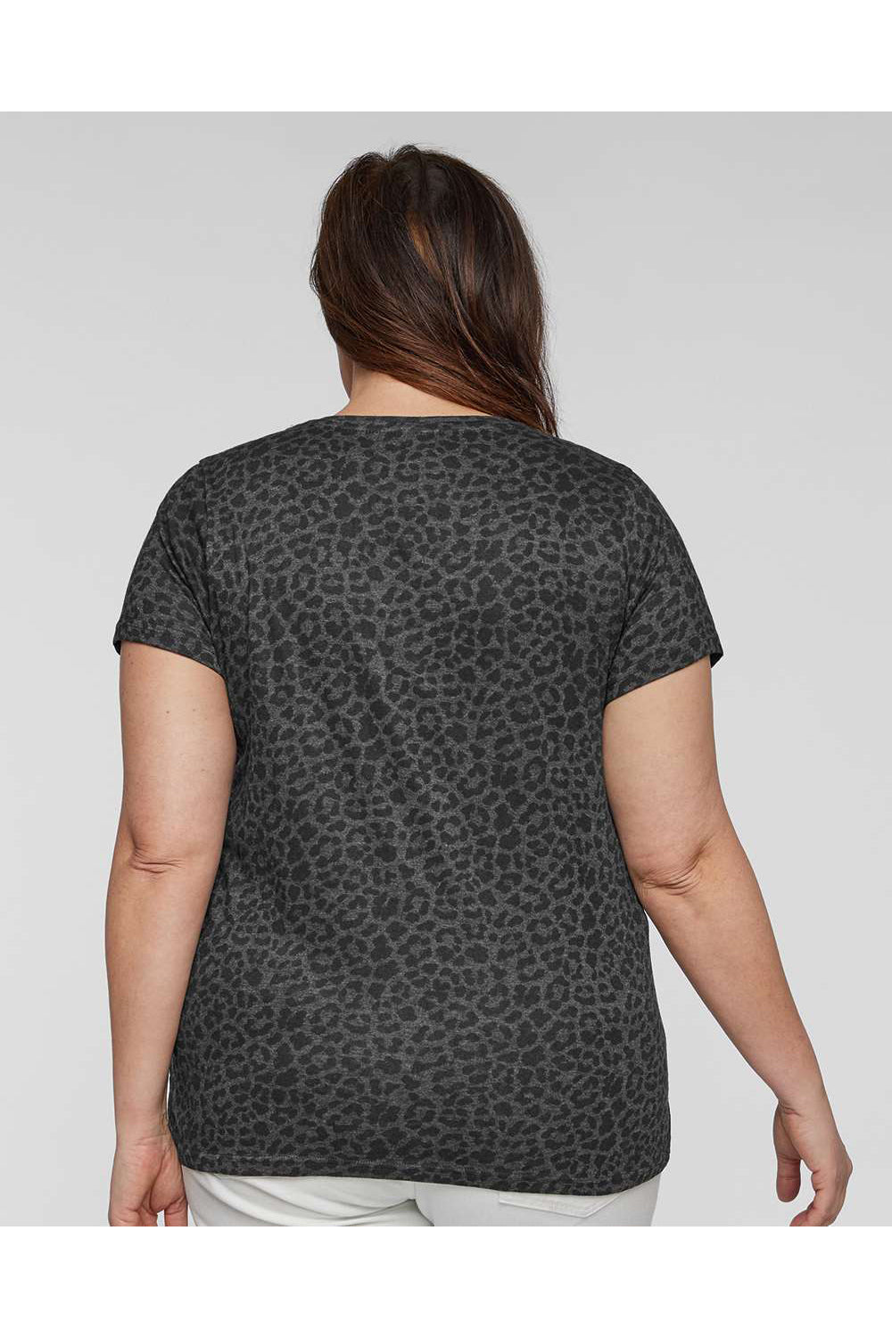 LAT 3816 Womens Curvy Collection Fine Jersey Short Sleeve Crewneck T-Shirt Black Leopard Model Back