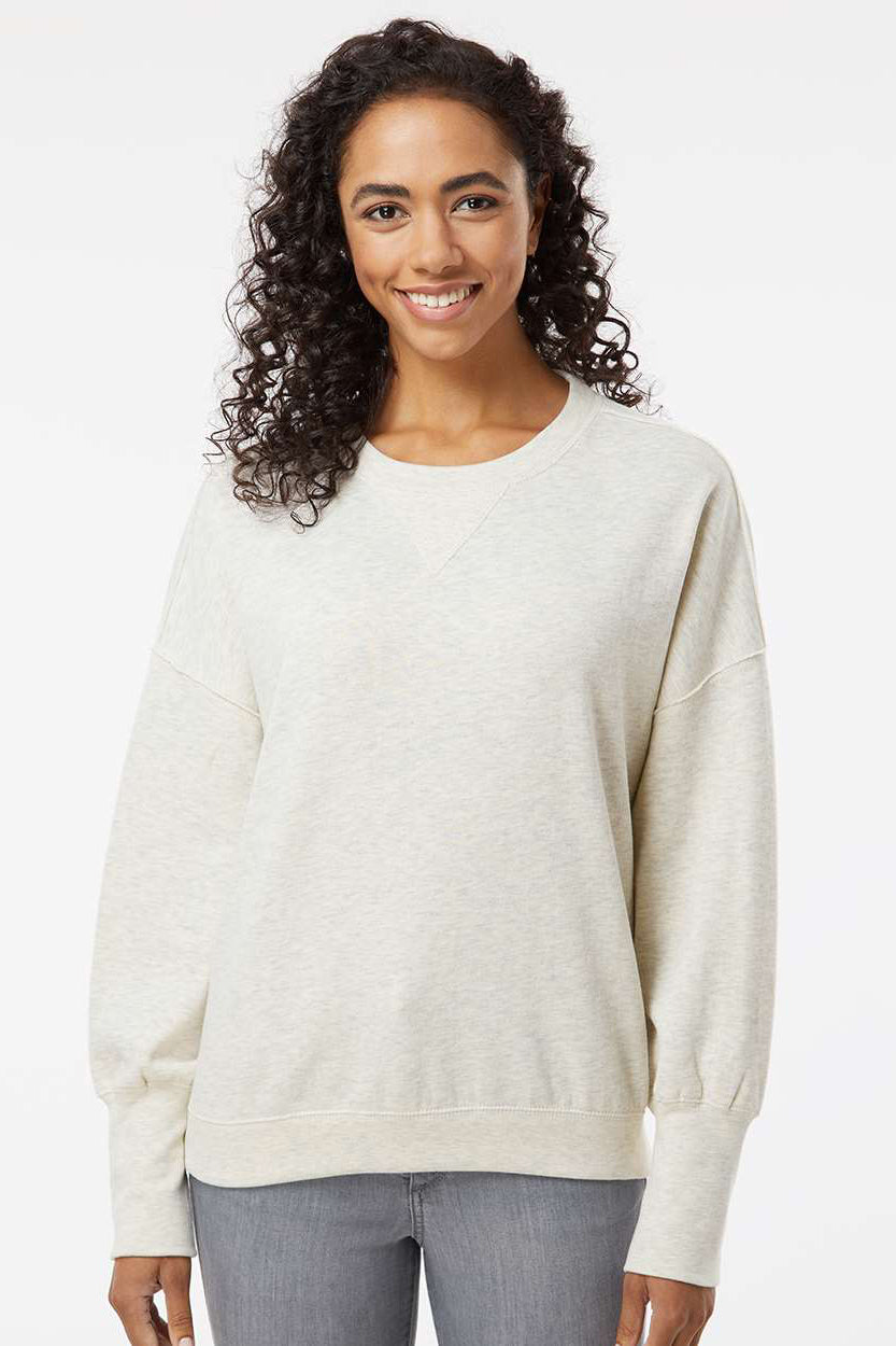 MV Sport W22712 Womens Sueded Fleece Crewneck Sweatshirt Oatmeal Model Front