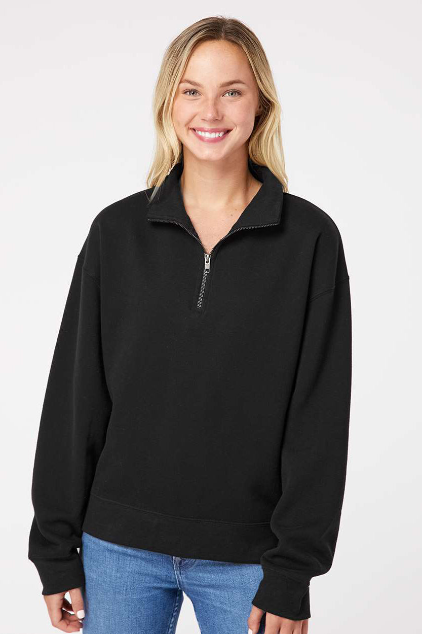 MV Sport W22713 Womens Sueded Fleece 1/4 Zip Sweatshirt Black Model Front