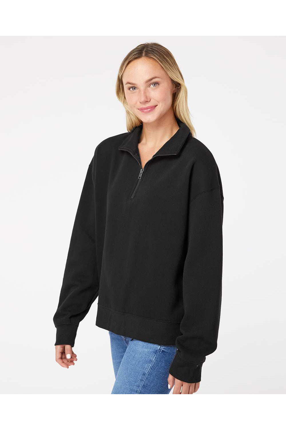 MV Sport W22713 Womens Sueded Fleece 1/4 Zip Sweatshirt Black Model Side
