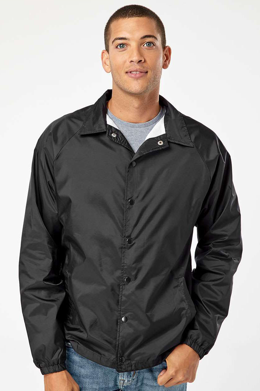 Burnside 9718 Mens Mentor Snap Down Wind & Water Resistant Coaches Jacket Black Model Front