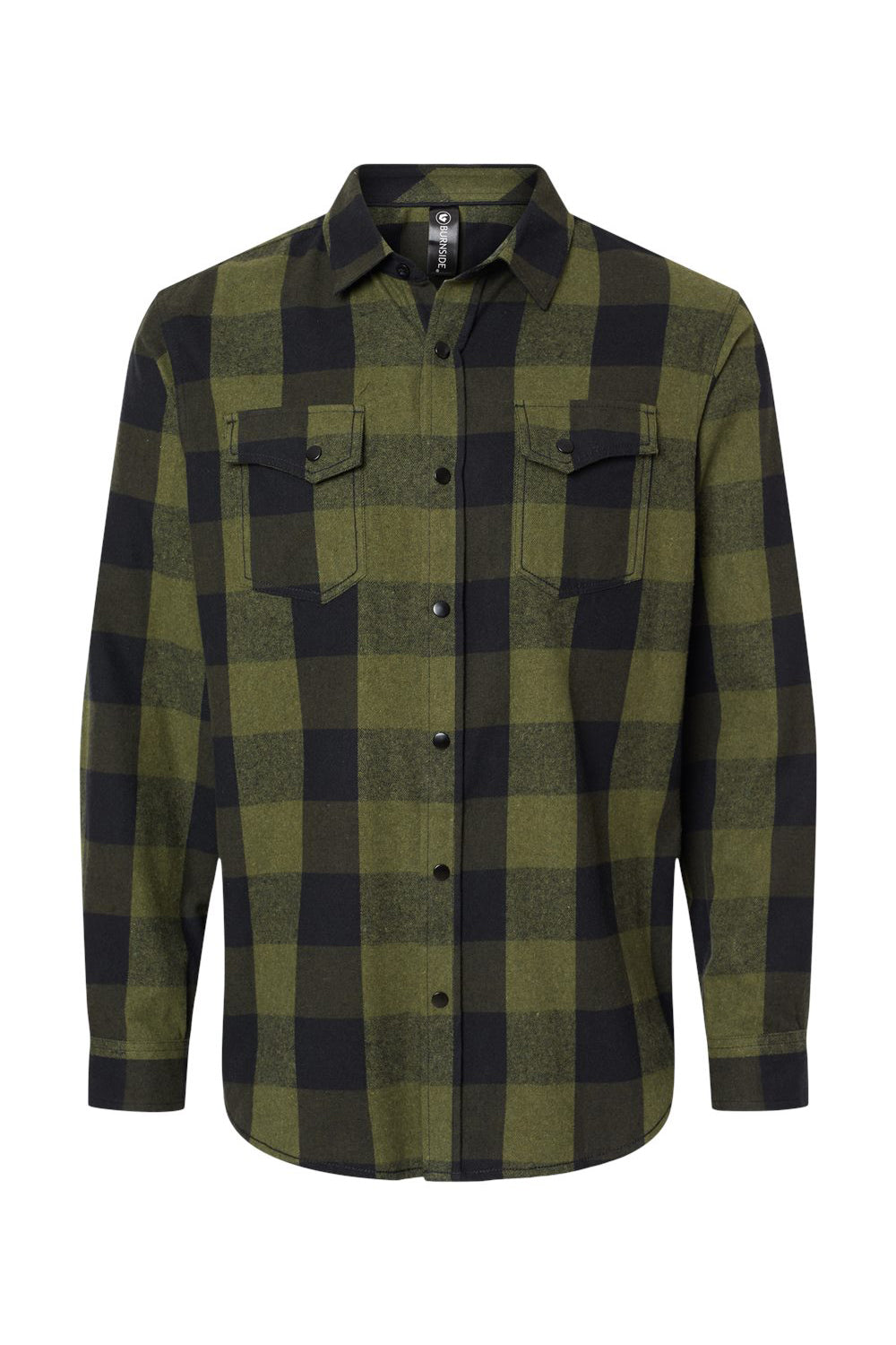 Burnside 8219 Mens Plaid Flannel Long Sleeve Snap Down Shirt w/ Double Pockets Army Green/Black Flat Front
