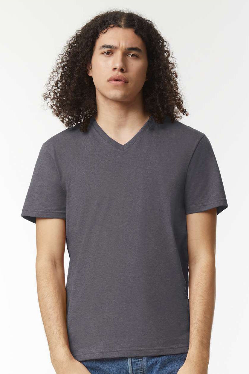 American Apparel 2006CVC Mens CVC Short Sleeve V-Neck T-Shirt Heather Charcoal Grey Model Front