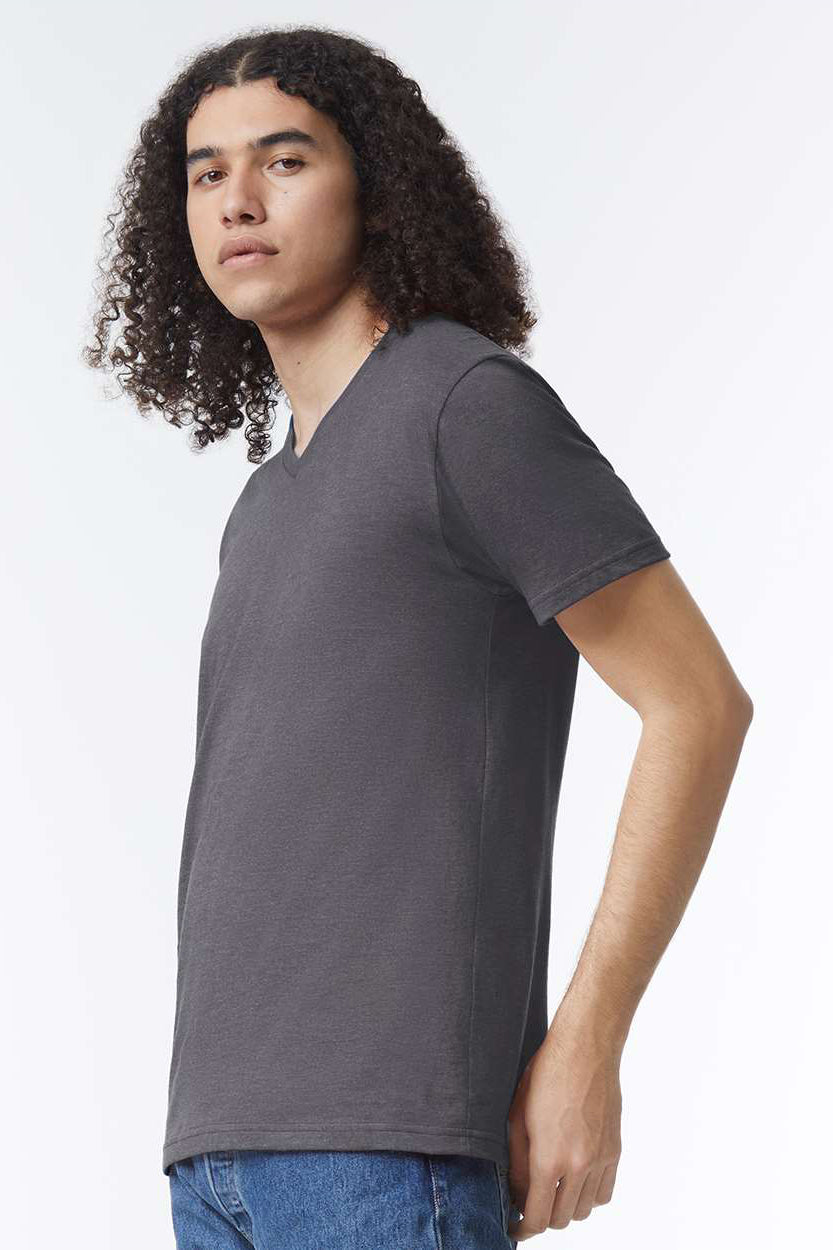 American Apparel 2006CVC Mens CVC Short Sleeve V-Neck T-Shirt Heather Charcoal Grey Model Side