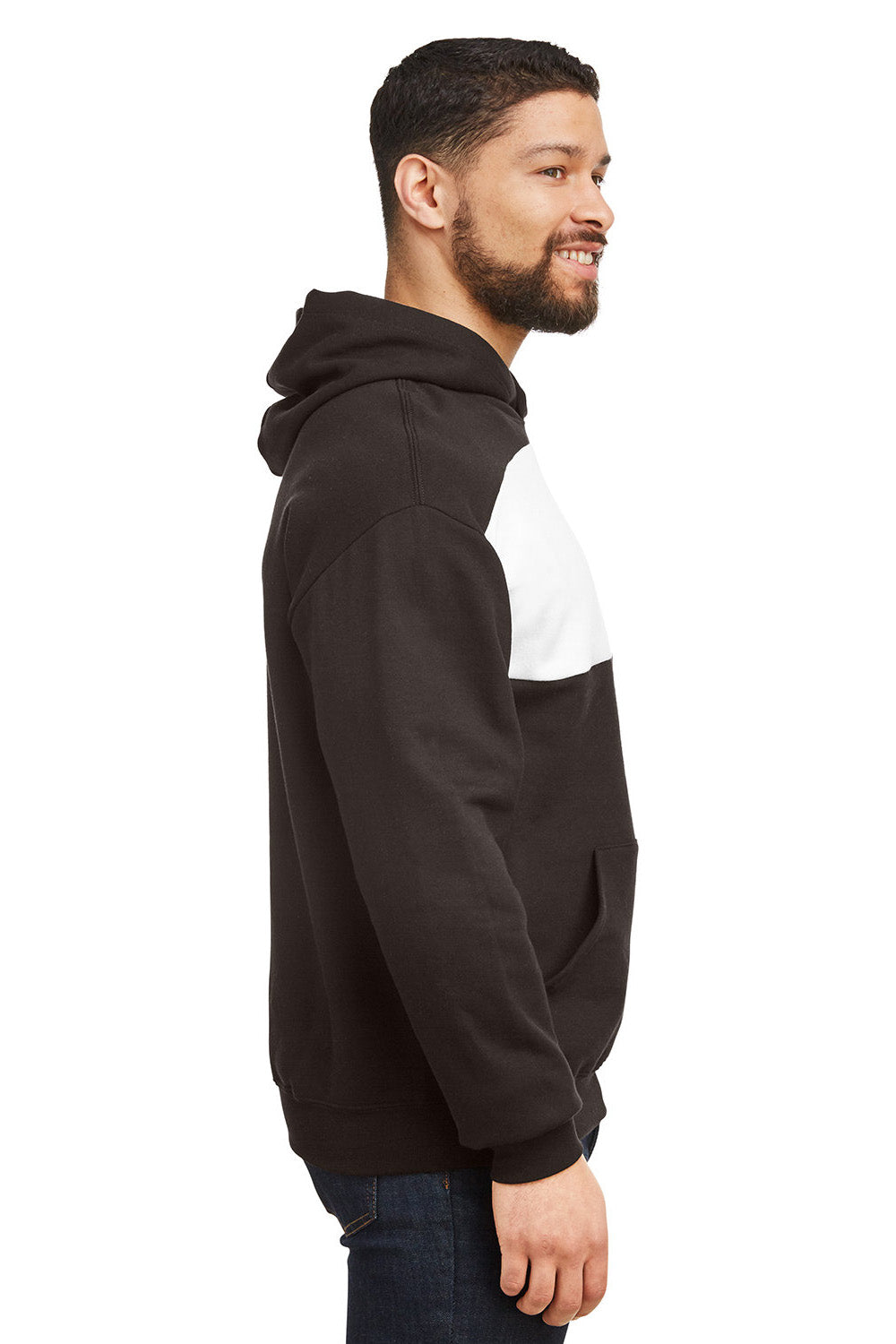 Jerzees 98CR Mens NuBlend Fleece Pill Resistant Billboard Hooded Sweatshirt Hoodie w/ Pouch Pocket Black/White Model Side