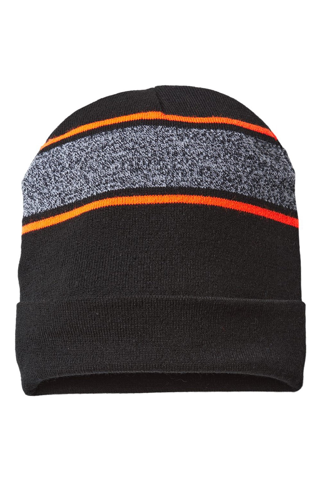 Cap America Hats RKV12 Unisex USA Made Variegated Striped Cuffed Beanie Black/Neon Blaze Orange Flat Front