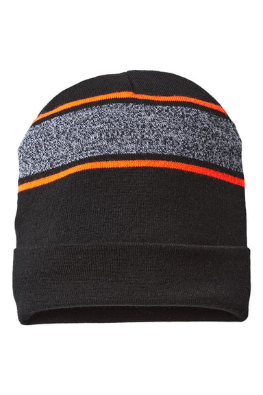 Cap America Hats RKV12 Unisex USA Made Variegated Striped Cuffed Beanie Black/Neon Blaze Orange Flat Front