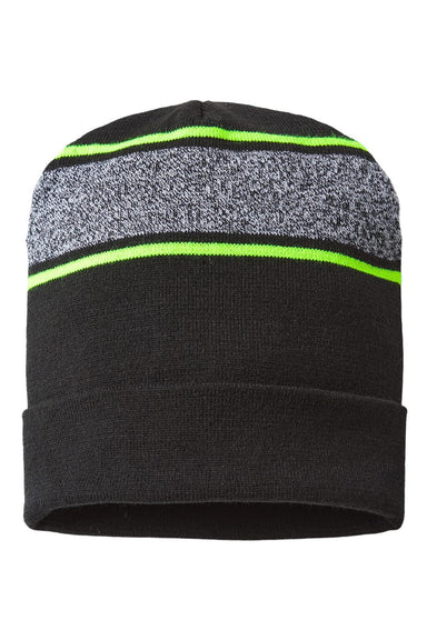 Cap America RKV12 Mens USA Made Variegated Striped Cuffed Beanie Black/Neon Yellow Flat Front