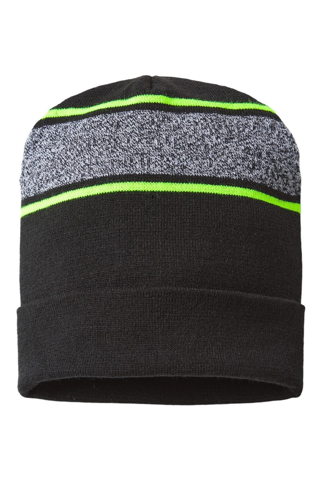 Cap America Hats RKV12 Unisex USA Made Variegated Striped Cuffed Beanie Black/Neon Yellow Flat Front