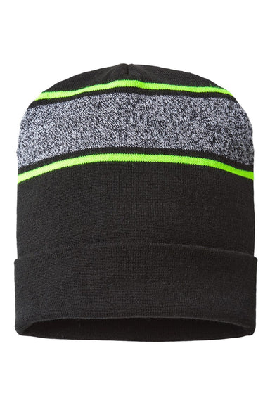 Cap America Hats RKV12 Unisex USA Made Variegated Striped Cuffed Beanie Black/Neon Yellow Flat Front
