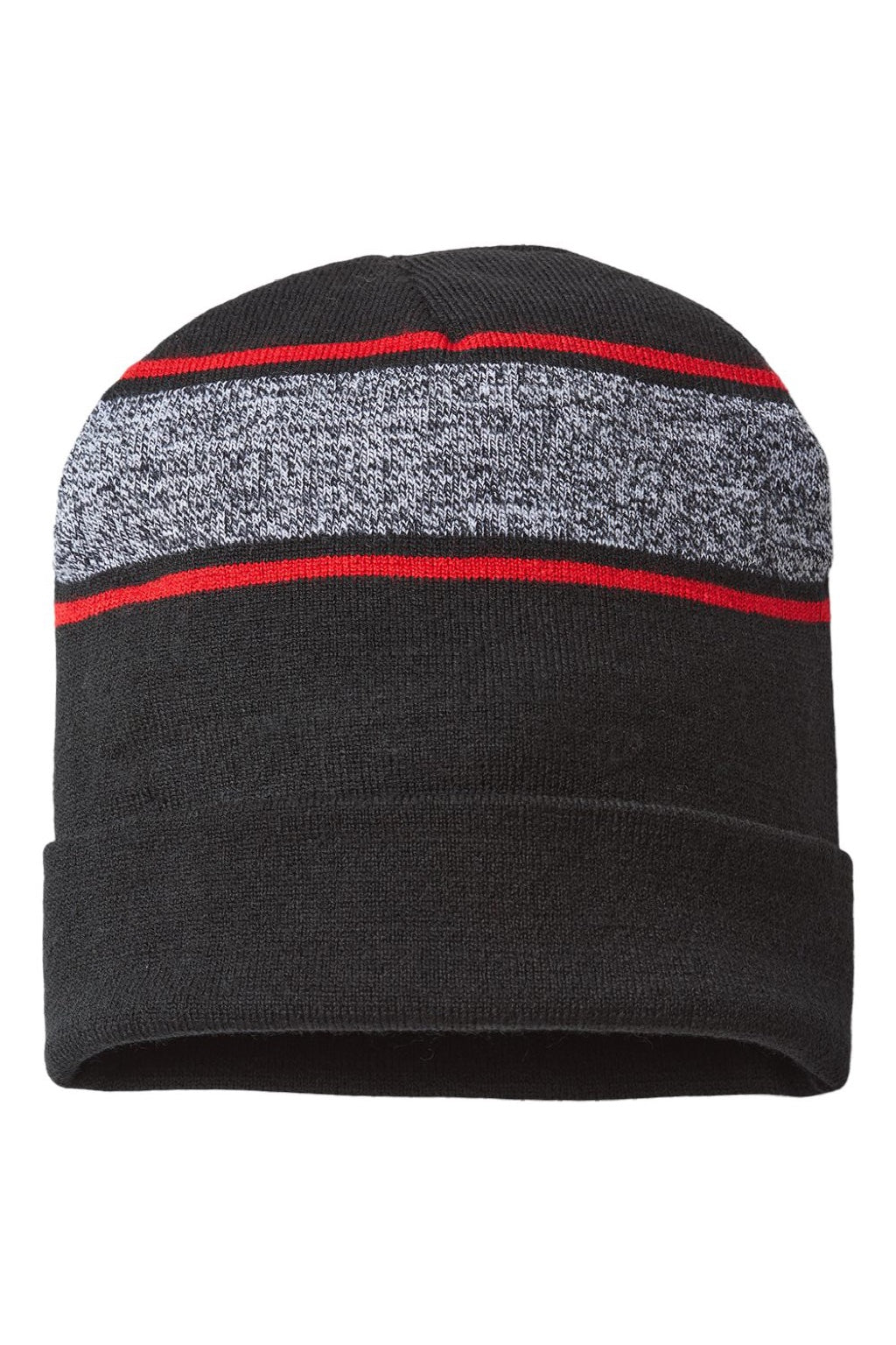 Cap America Hats RKV12 Unisex USA Made Variegated Striped Cuffed Beanie Black/True Red Flat Front
