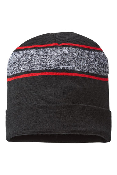 Cap America Hats RKV12 Unisex USA Made Variegated Striped Cuffed Beanie Black/True Red Flat Front