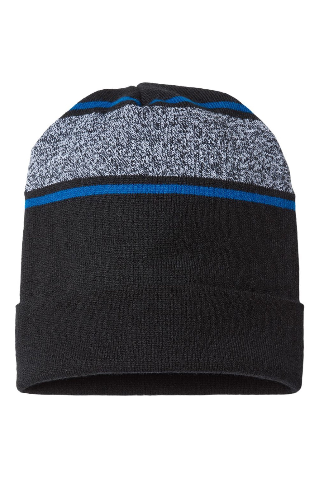 Cap America Hats RKV12 Unisex USA Made Variegated Striped Cuffed Beanie Black/True Royal Blue Flat Front