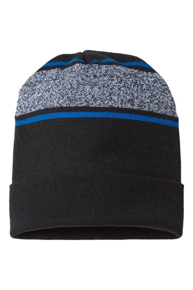Cap America Hats RKV12 Unisex USA Made Variegated Striped Cuffed Beanie Black/True Royal Blue Flat Front