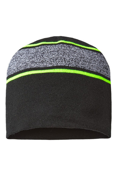 Cap America RKV9 Mens USA Made Variegated Striped Beanie Black/Neon Yellow Flat Front