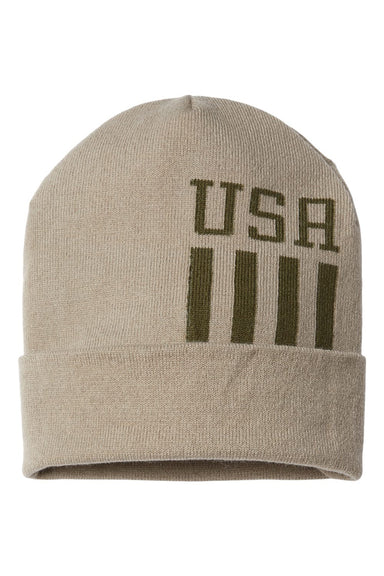Cap America RK12 Mens USA Made Patriotic Cuffed Beanie Khaki/Olive USA Flat Front