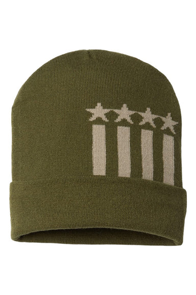 Cap America Hats RK12 Unisex USA Made Patriotic Cuffed Beanie Olive Green/Khaki Stars Flat Front