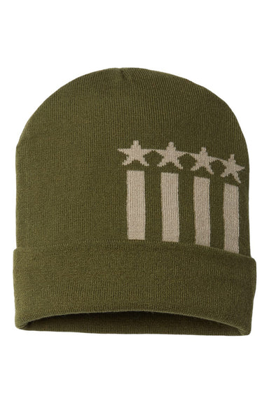 Cap America RK12 Mens USA Made Patriotic Cuffed Beanie Olive Green/Khaki Stars Flat Front