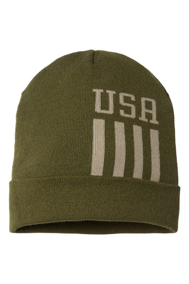 Cap America RK12 Mens USA Made Patriotic Cuffed Beanie Olive Green/Khaki USA Flat Front