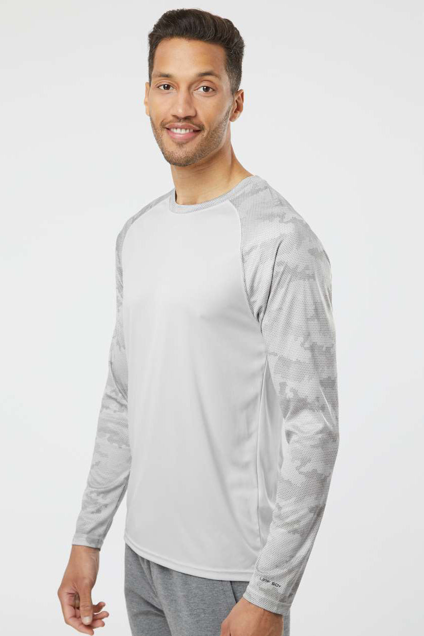 Paragon 216 Mens Cayman Performance Moisture Wicking Camo Colorblock Long Sleeve Crewneck T-Shirt Aluminum Grey Model Side