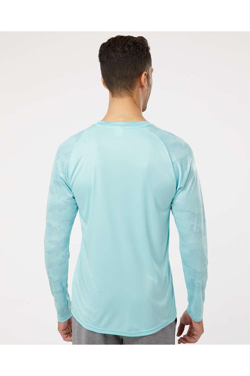 Paragon 216 Mens Cayman Performance Camo Colorblocked Long Sleeve Crewneck T-Shirt Aqua Blue Model Back