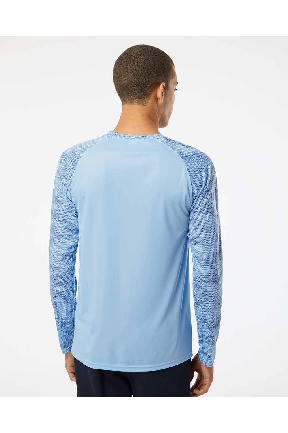 Paragon 216 Mens Cayman Performance Camo Colorblocked Long Sleeve Crewneck T-Shirt Blue Mist Model Back