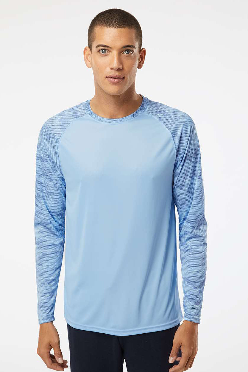 Paragon 216 Mens Cayman Performance Moisture Wicking Camo Colorblock Long Sleeve Crewneck T-Shirt Blue Mist Model Front