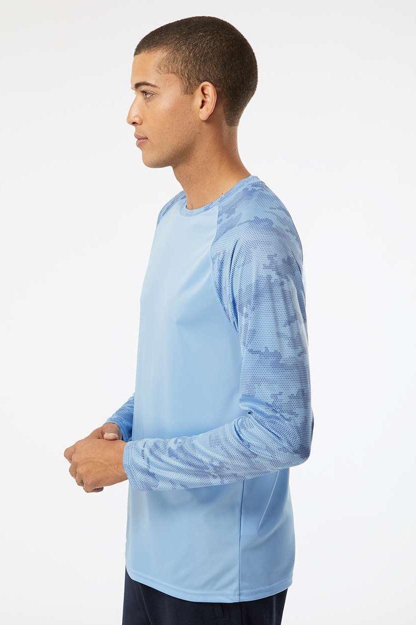 Paragon 216 Mens Cayman Performance Moisture Wicking Camo Colorblock Long Sleeve Crewneck T-Shirt Blue Mist Model Side