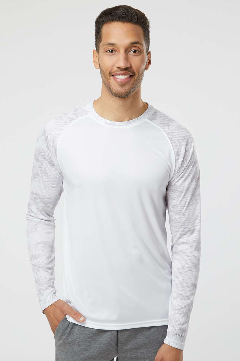 Paragon 216 Mens Cayman Performance Moisture Wicking Camo Colorblock Long Sleeve Crewneck T-Shirt White Model Front
