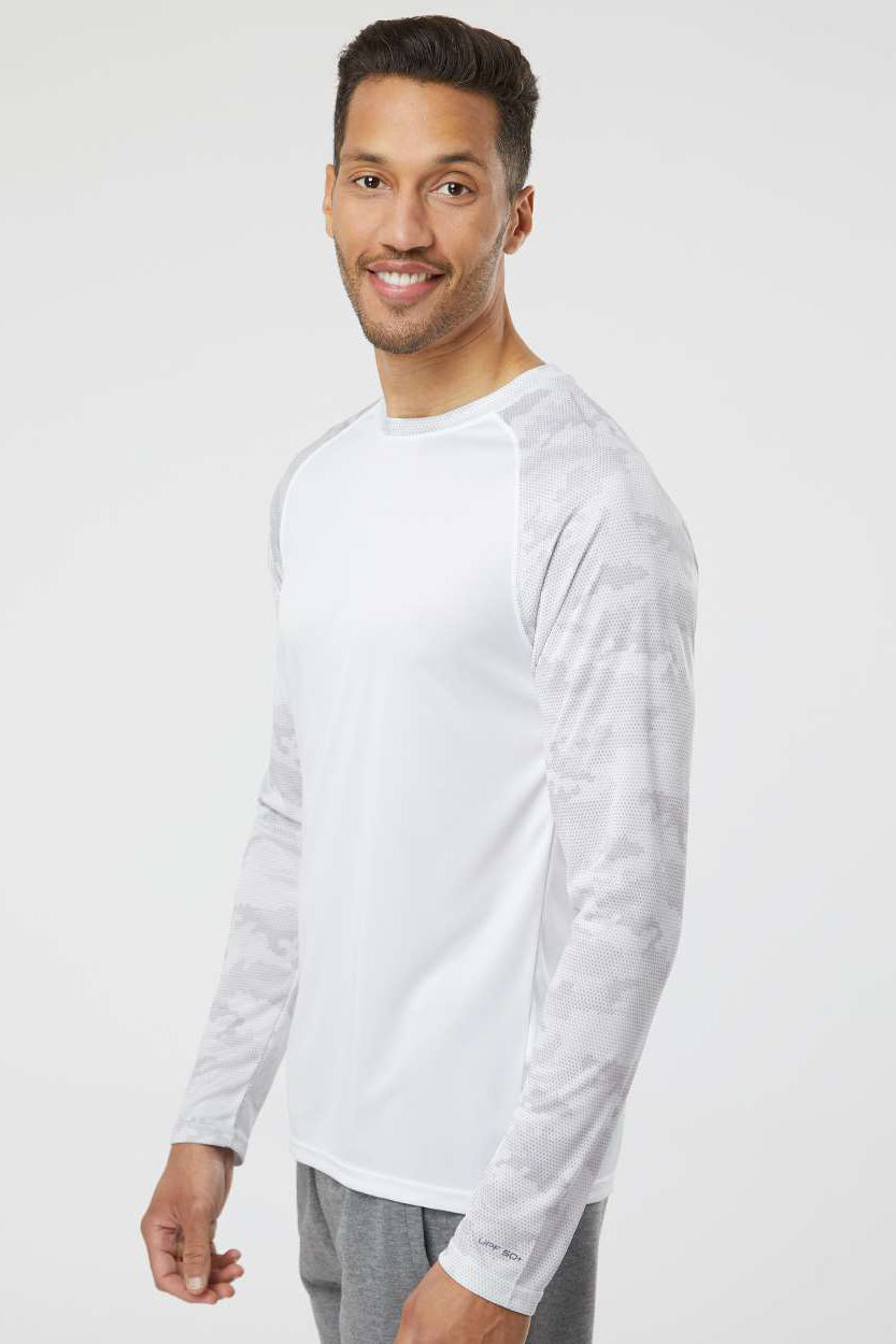 Paragon 216 Mens Cayman Performance Moisture Wicking Camo Colorblock Long Sleeve Crewneck T-Shirt White Model Side