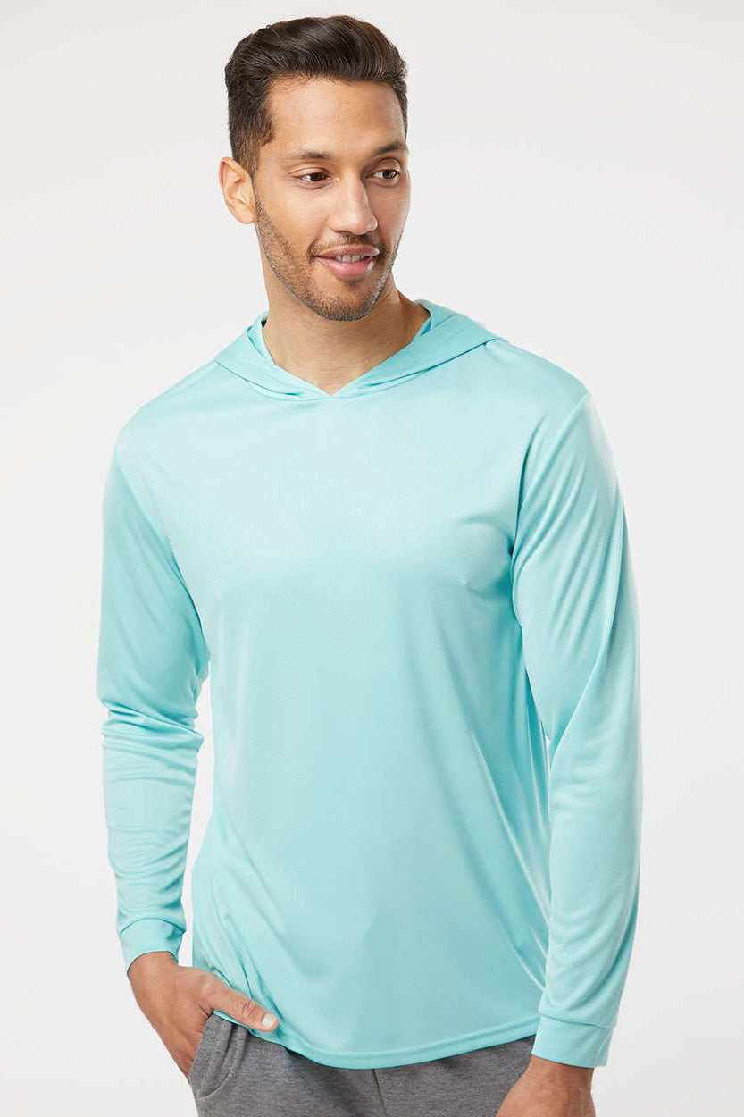 Paragon 220 Mens Bahama Performance Moisture Wicking Long Sleeve Hooded T-Shirt Hoodie Aqua Blue Model Front