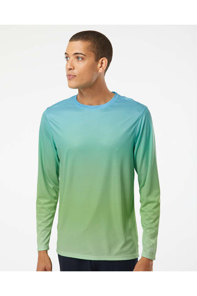 Paragon 225 Mens Barbados Performance Pin Dot Long Sleeve Crewneck T-Shirt Aqua Blue/Light Lime Green Model Front
