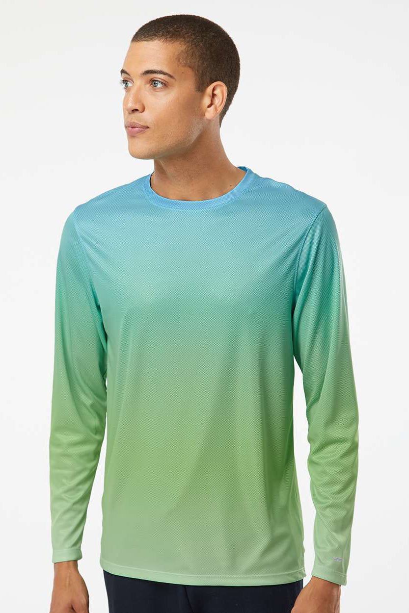 Paragon 225 Mens Barbados Performance Moisture Wicking Pin Dot Long Sleeve Crewneck T-Shirt Aqua Blue/Light Lime Green Model Front