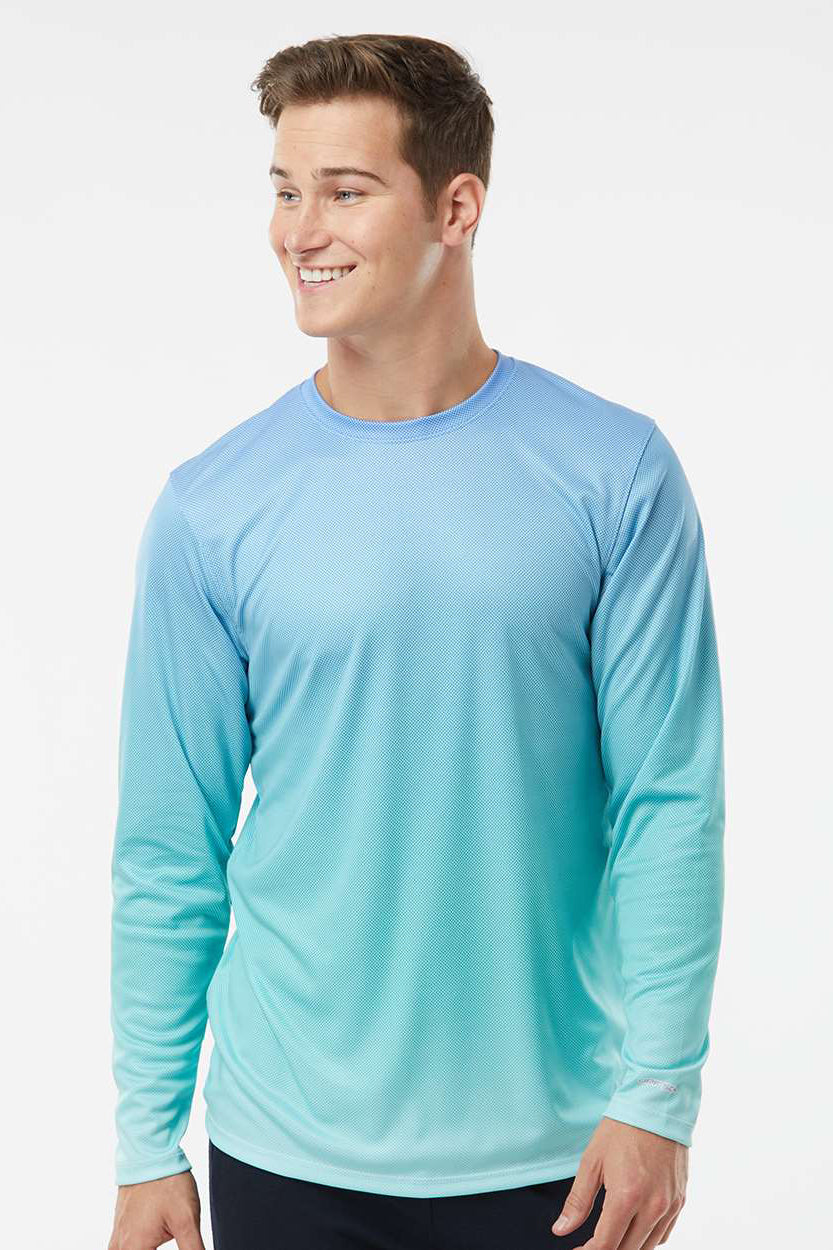 Paragon 225 Mens Barbados Performance Moisture Wicking Pin Dot Long Sleeve Crewneck T-Shirt Blue Mist/Light Teal Blue Model Front