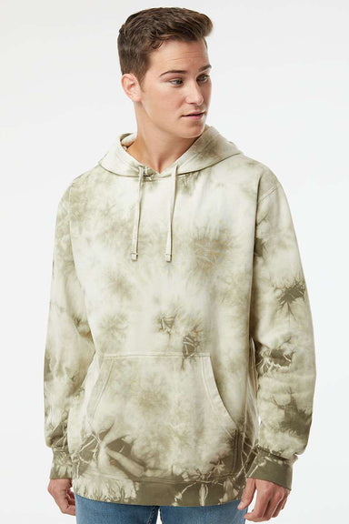 Independent Trading Company PRM4500TD Mens Tie-Dye Hooded Sweatshirt Hoodie w/ Pouch Pocket Olive Green Model Front