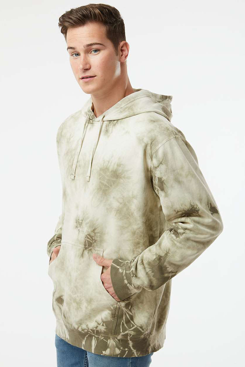 Independent Trading Company PRM4500TD Mens Tie-Dye Hooded Sweatshirt Hoodie w/ Pouch Pocket Olive Green Model Side