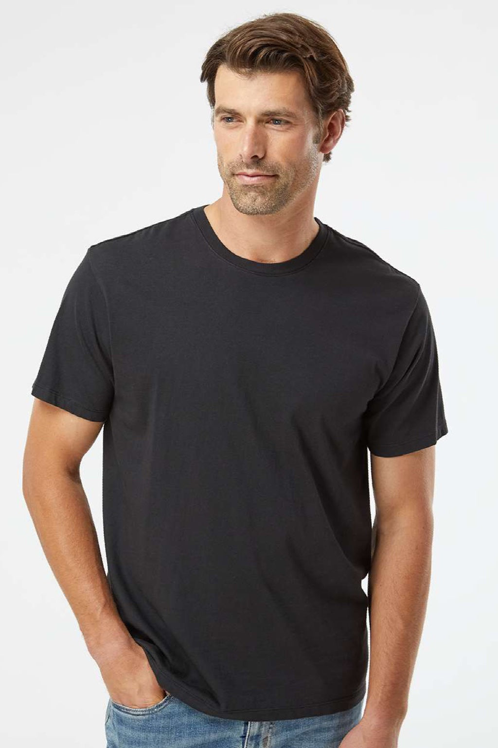 SoftShirts 400 Mens Organic Short Sleeve Crewneck T-Shirt Black Model Front