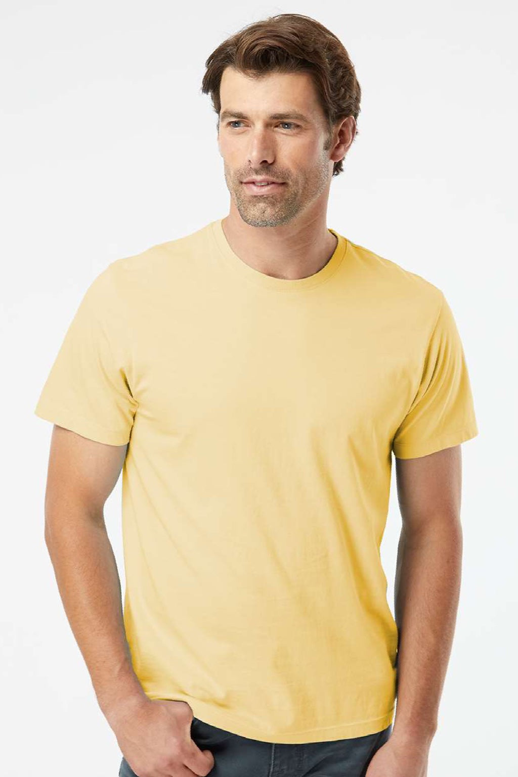 SoftShirts 400 Mens Organic Short Sleeve Crewneck T-Shirt Wheat Yellow Model Front