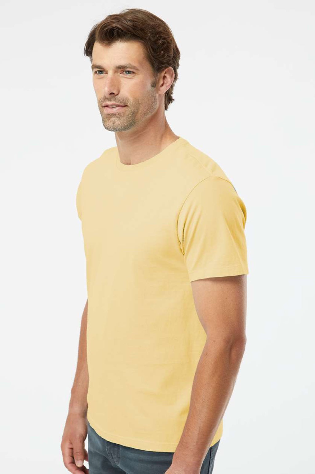 SoftShirts 400 Mens Organic Short Sleeve Crewneck T-Shirt Wheat Yellow Model Side