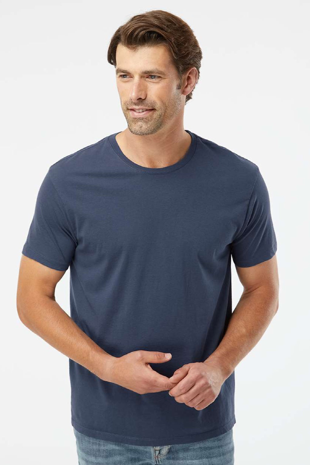 SoftShirts 400 Mens Organic Short Sleeve Crewneck T-Shirt Navy Blue Model Front