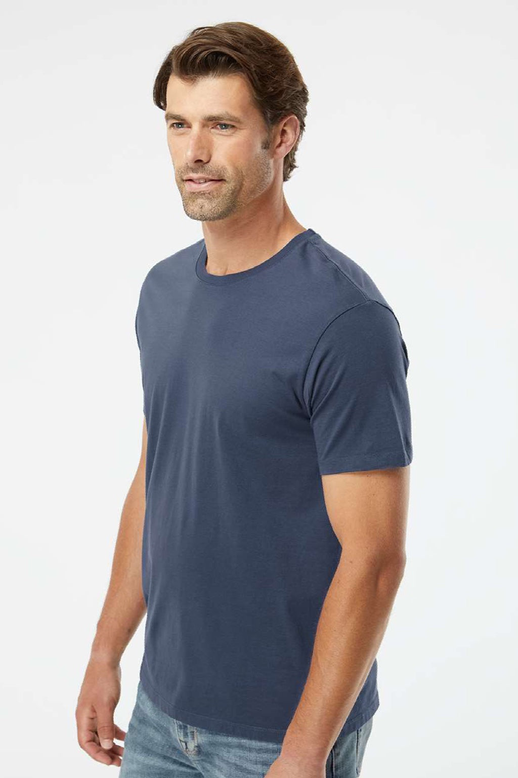 SoftShirts 400 Mens Organic Short Sleeve Crewneck T-Shirt Navy Blue Model Side
