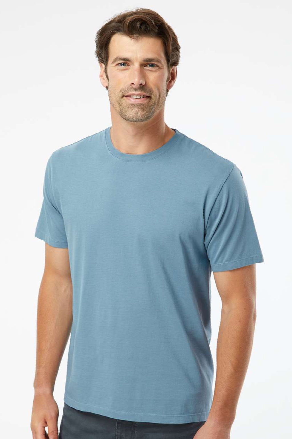 SoftShirts 400 Mens Organic Short Sleeve Crewneck T-Shirt Slate Blue Model Front