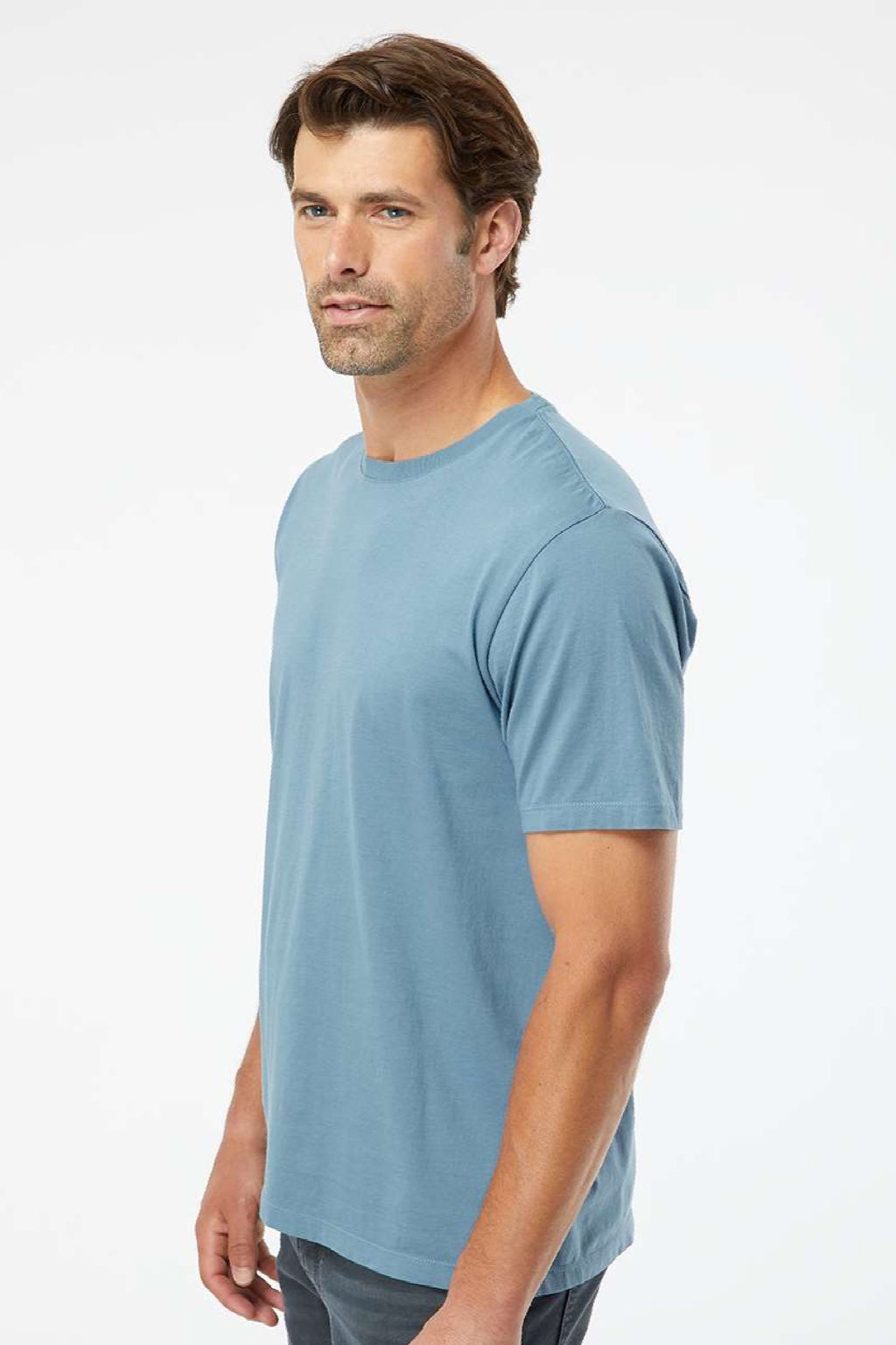 SoftShirts 400 Mens Organic Short Sleeve Crewneck T-Shirt Slate Blue Model Side